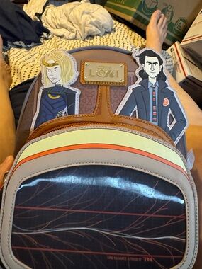 Loungefly Loki Time Variance Authority Brown & Tan Mini Backpack venticular